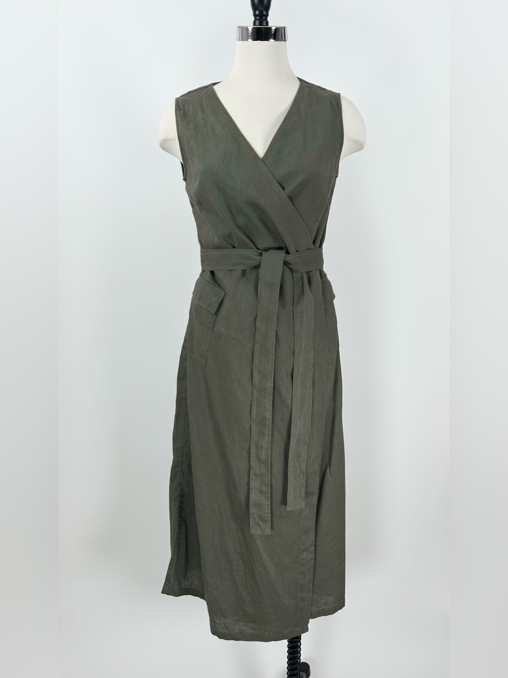 Luxmii Linen Safari Wrap Dress Women XS Green Fatigue Olive Sleeveless Tie Waist